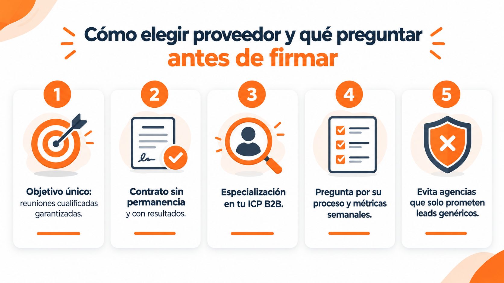 Infografía con cinco consejos clave para elegir un proveedor de ventas B2B antes de firmar contrato.