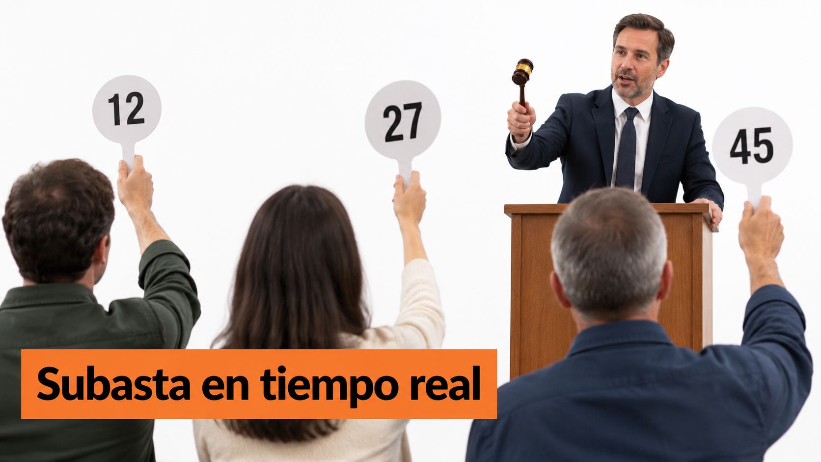 Un subastador con un mazo frente a personas levantando paletas numeradas en una subasta en vivo.