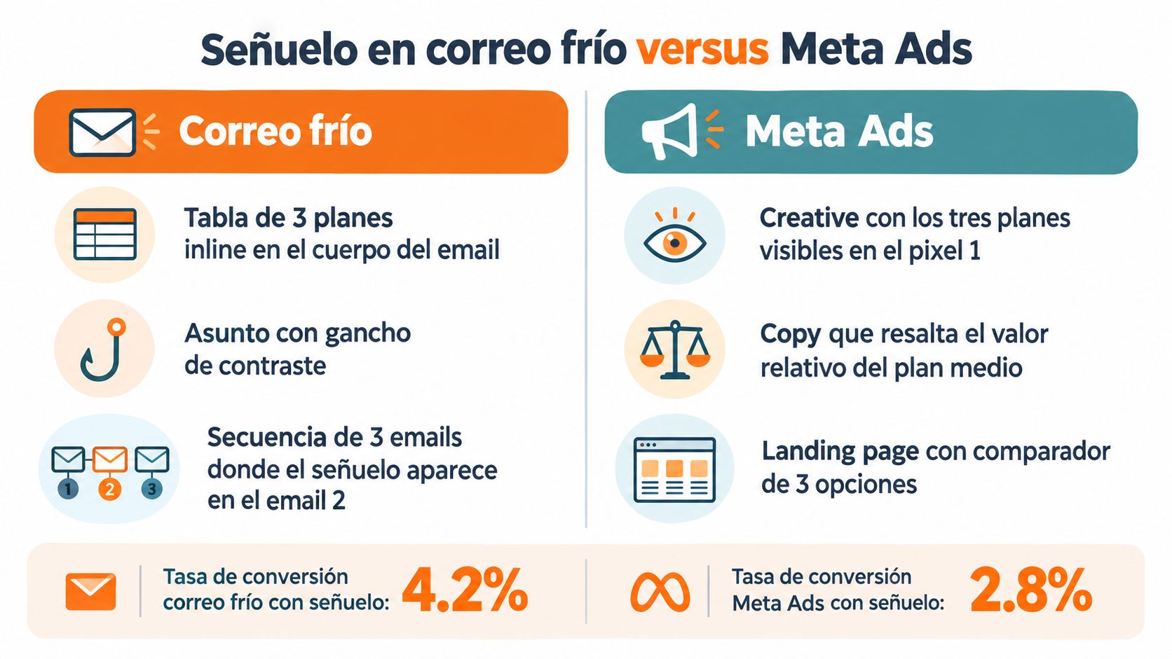 Comparativa de estrategias de efecto señuelo entre campañas de correo frío y anuncios en Meta Ads.