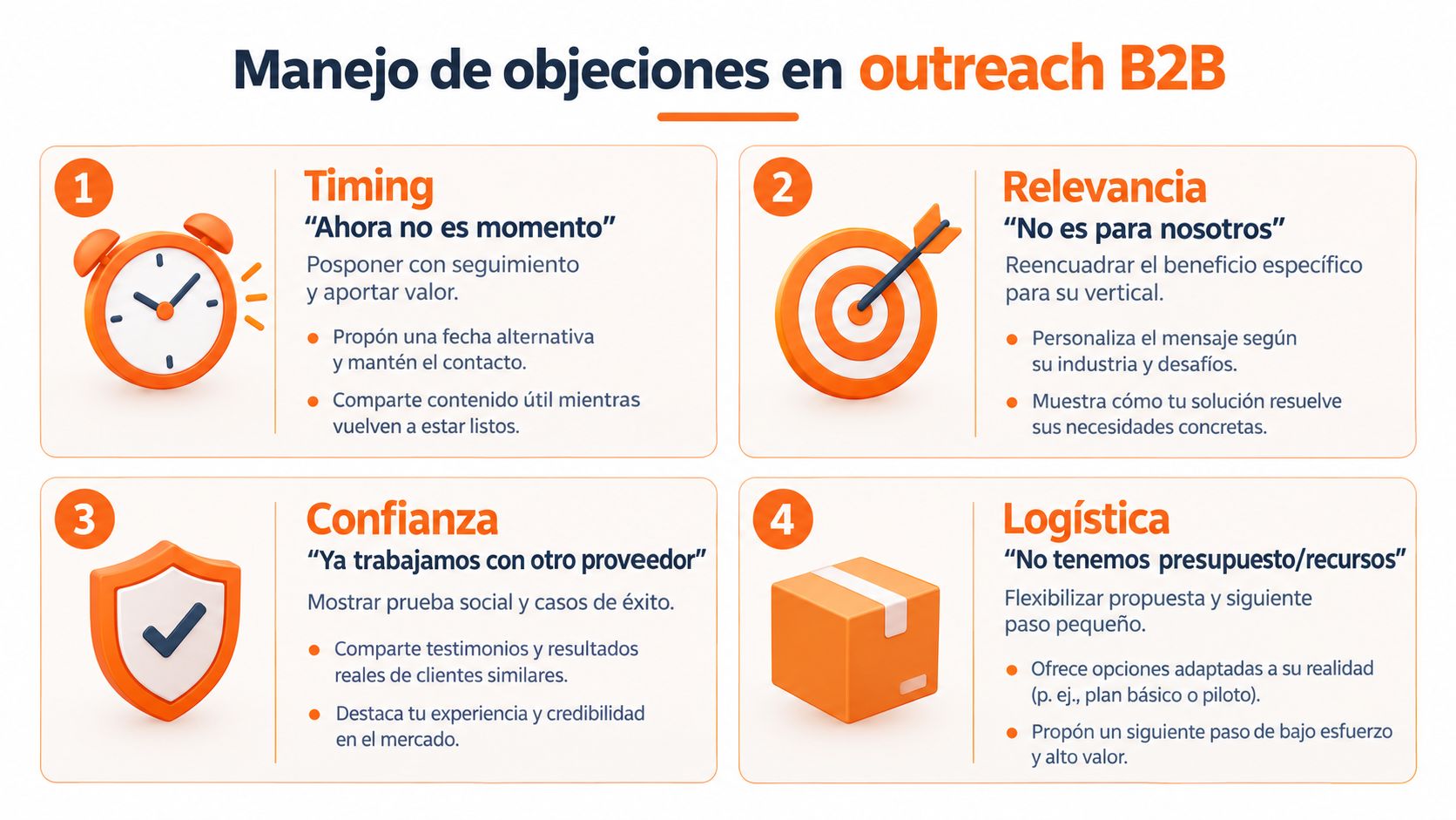 Infografía sobre el manejo de objeciones comunes en el proceso de ventas o outreach B2B.