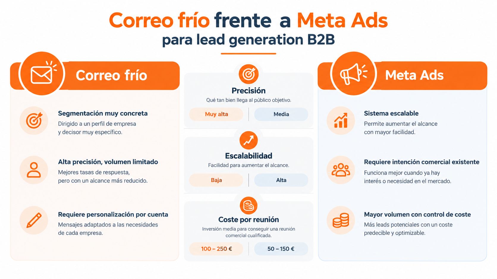 Comparativa visual entre el correo frío y Meta Ads para estrategias de generación de leads B2B.