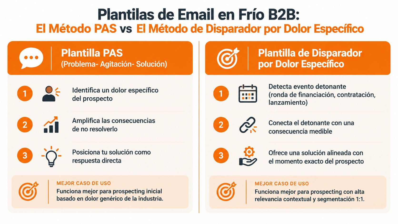 Comparativa entre las plantillas de email en frío PAS y el método de disparador por dolor específico.