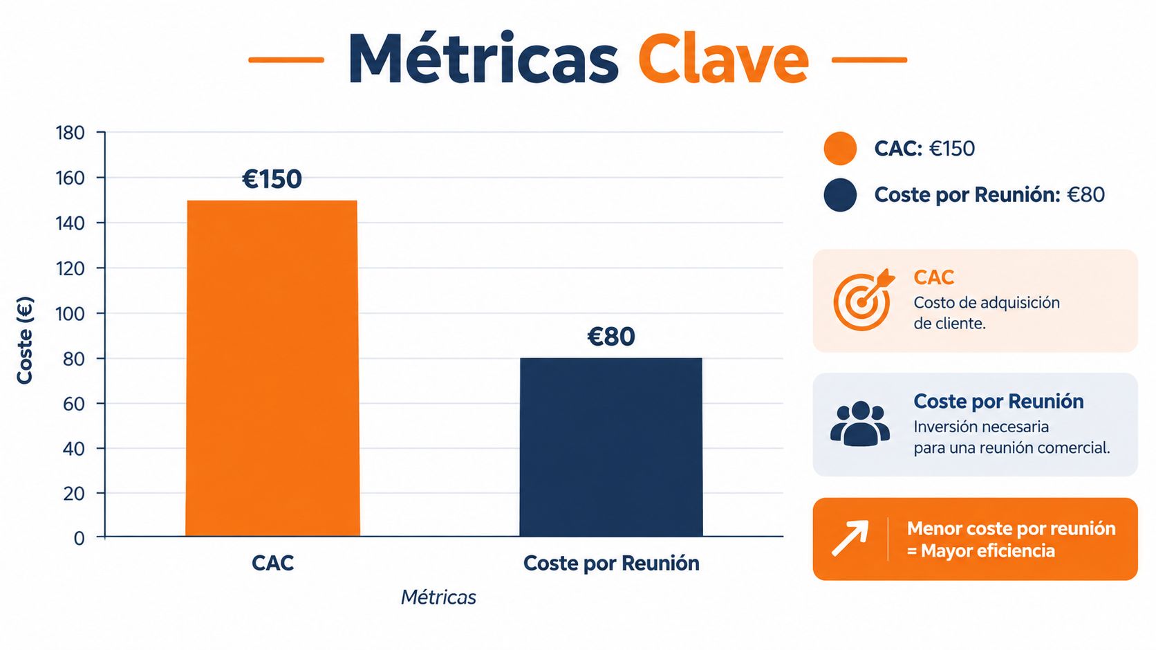 Gráfico de barras que compara el coste de adquisición de cliente y el coste por reunión comercial.