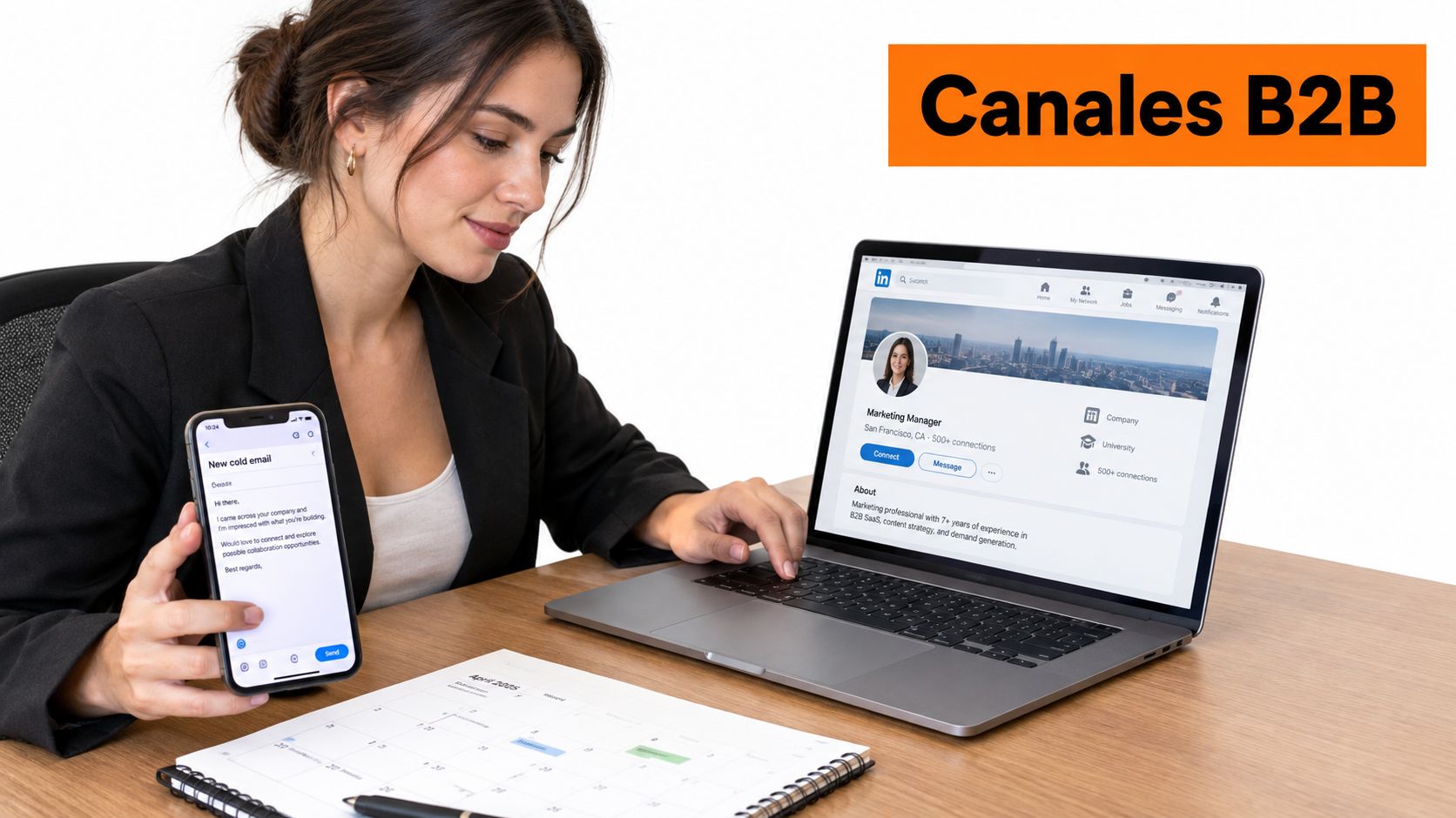 Una mujer de negocios profesional revisando estrategias de ventas B2B usando un portátil y un teléfono móvil.