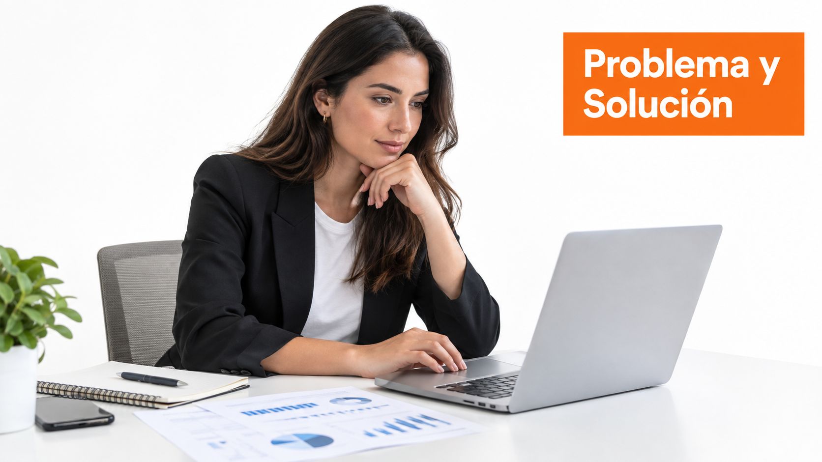 Mujer profesional en traje negro sentada en su escritorio revisando datos en su computadora portátil.