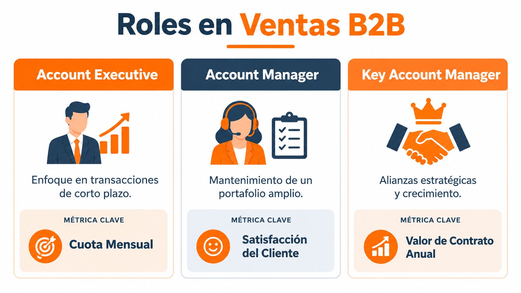 Infografía sobre los roles de ventas B2B, detallando responsabilidades y métricas clave para diferentes puestos profesionales.