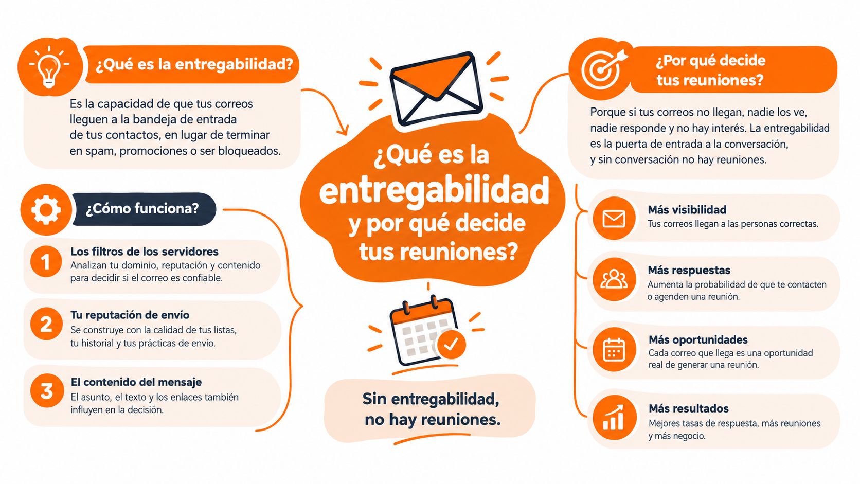 Infografía que explica la entregabilidad de correos electrónicos y su impacto directo en conseguir reuniones comerciales exitosas.