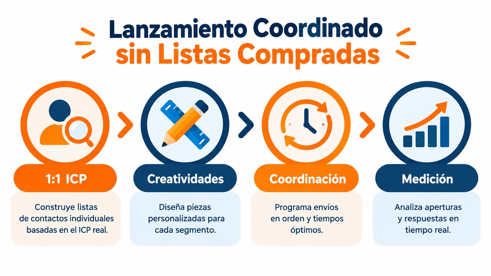 Diagrama de cuatro pasos para realizar un lanzamiento coordinado de marketing digital enfocado en el cliente ideal.