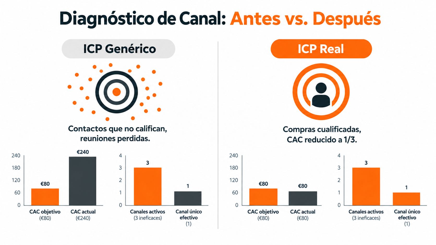 Comparativa de diagnóstico de canales entre un ICP genérico y uno real para optimizar el CAC en startups.