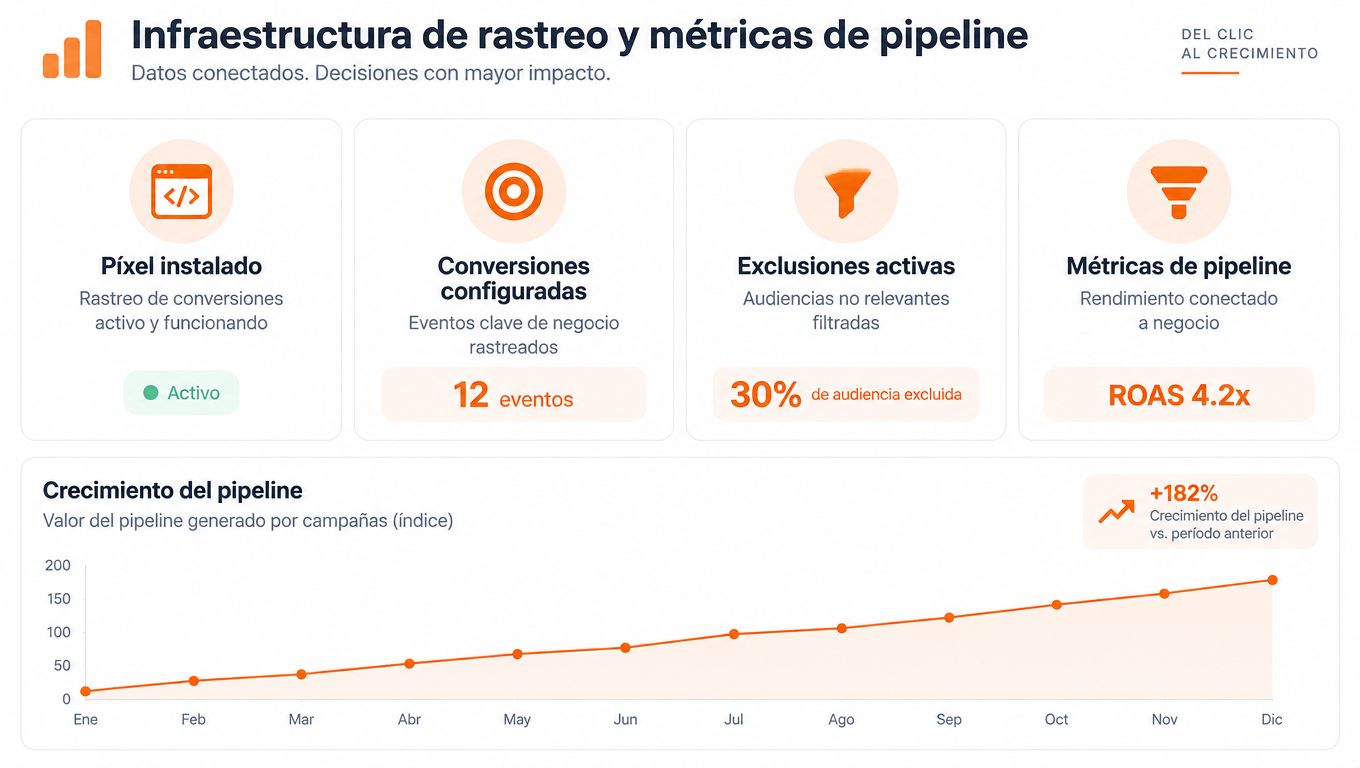 Panel de control que muestra infraestructura de seguimiento, métricas de pipeline y crecimiento de campañas de marketing.