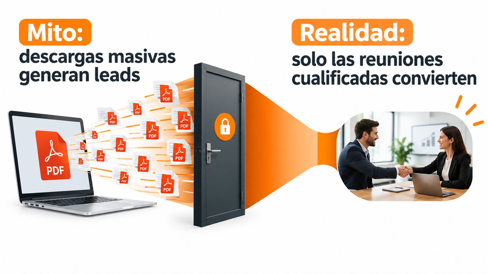 Gráfico que ilustra cómo las descargas masivas de PDF no garantizan ventas, solo las reuniones calificadas convierten.