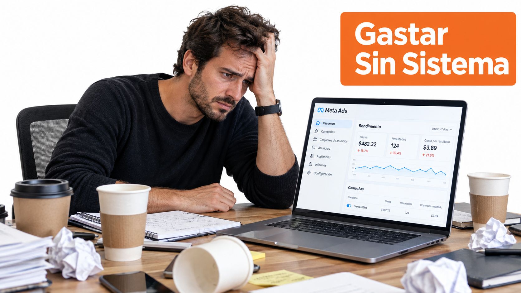 Hombre frustrado frente a su computadora revisando estadísticas de Meta Ads con una taza de café.