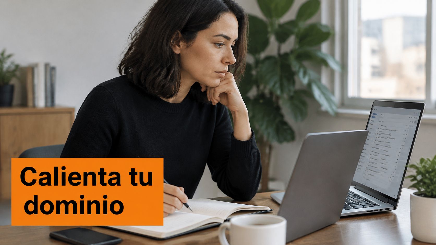Mujer joven enfocada trabajando frente a su computadora portátil mientras toma notas en una libreta de apuntes.