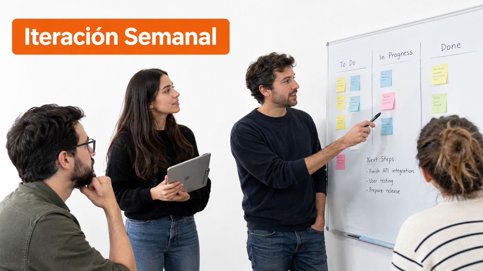 Un equipo de trabajo colabora frente a un tablero de gestión con notas adhesivas en una oficina