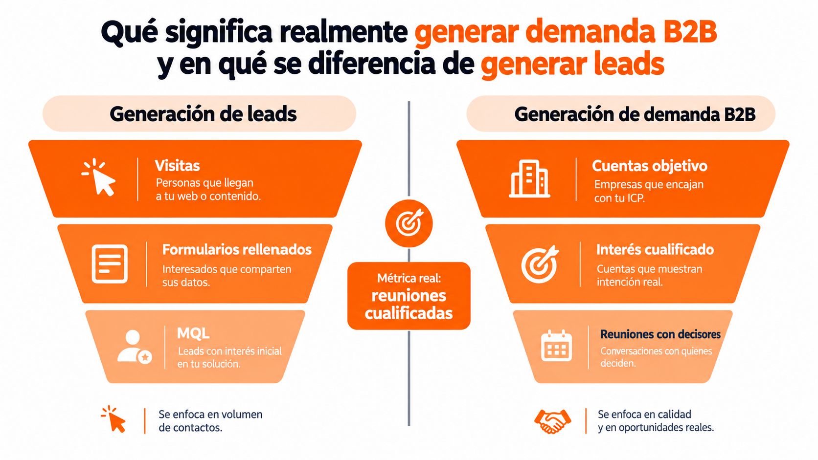 Infografía comparativa que explica las diferencias entre la generación de leads y la generación de demanda B2B.