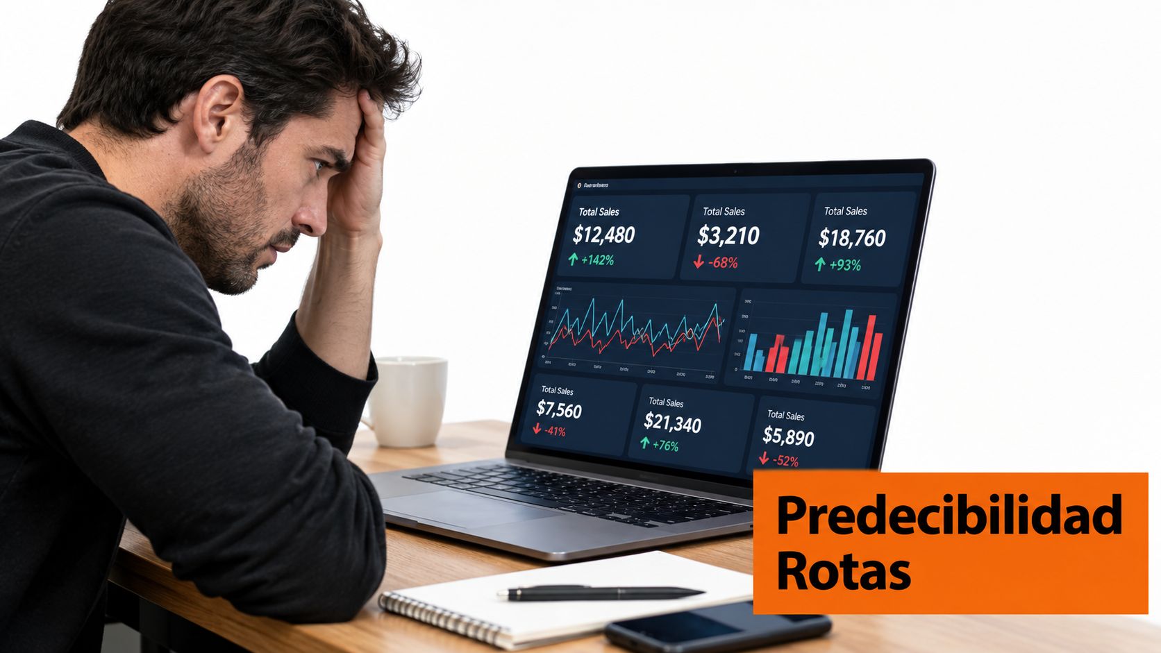 Hombre frustrado observando estadísticas de ventas negativas en su computadora portátil en una oficina moderna.