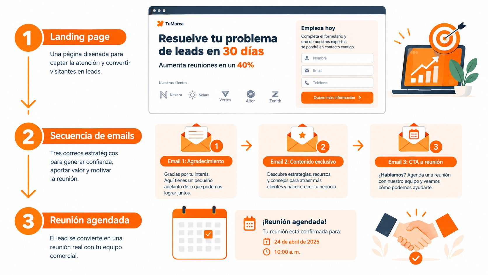 Infografía que muestra el embudo de ventas paso a paso: landing page, secuencia de emails y reunión agendada.