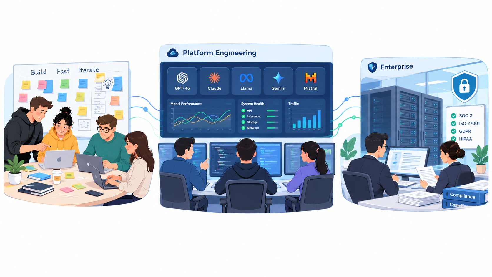 A team managing LLM workflows from development and engineering platforms to secure enterprise compliance and data operations.