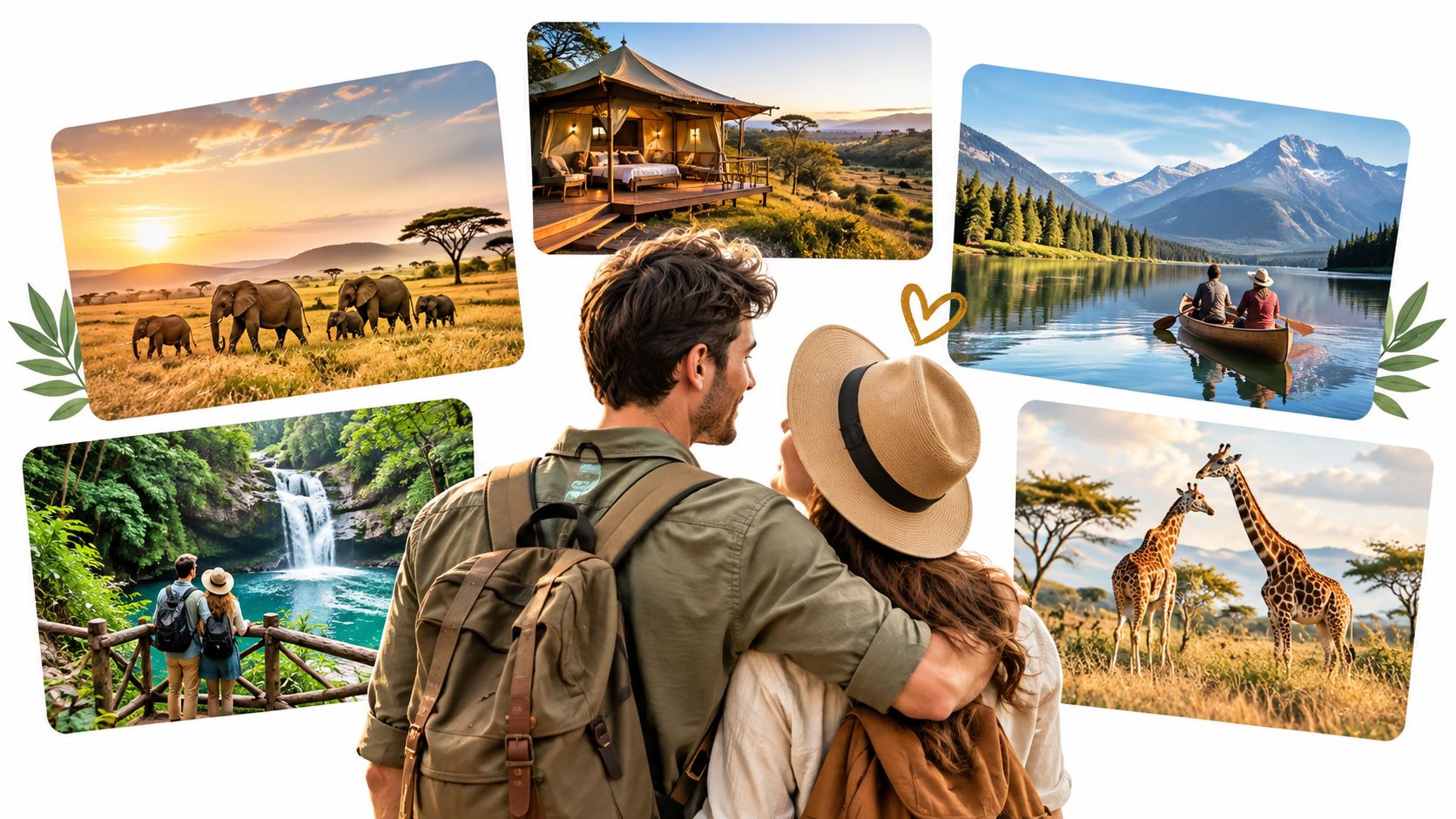 Un collage que muestra a una pareja romántica en una luna de miel de safari aventurera, explorando la naturaleza y la vida salvaje juntos.