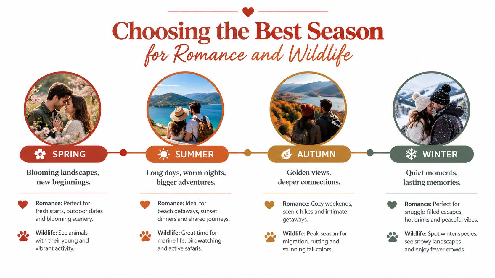Una infografía que muestra las mejores temporadas para el romance y la vida salvaje, destacando actividades de primavera, verano, otoño e invierno.