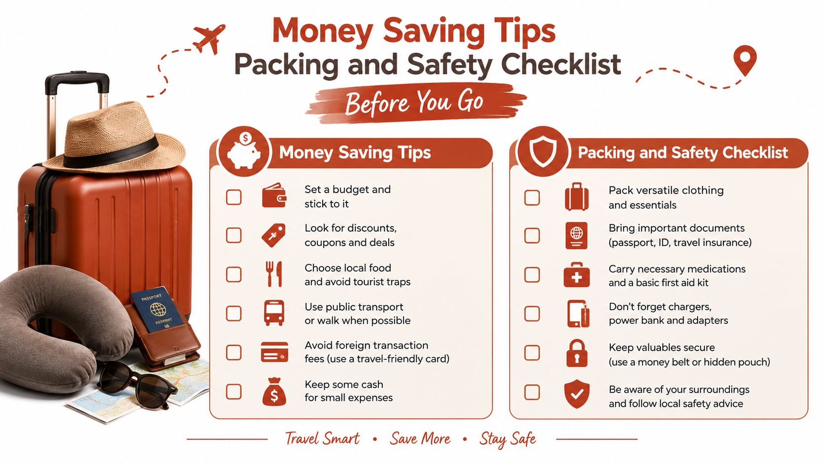 A travel checklist graphic featuring tips for money saving and safety precautions for your upcoming vacation.