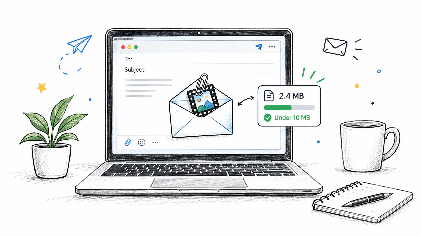 A digital illustration showing a laptop screen with an email draft containing a small video file attachment.