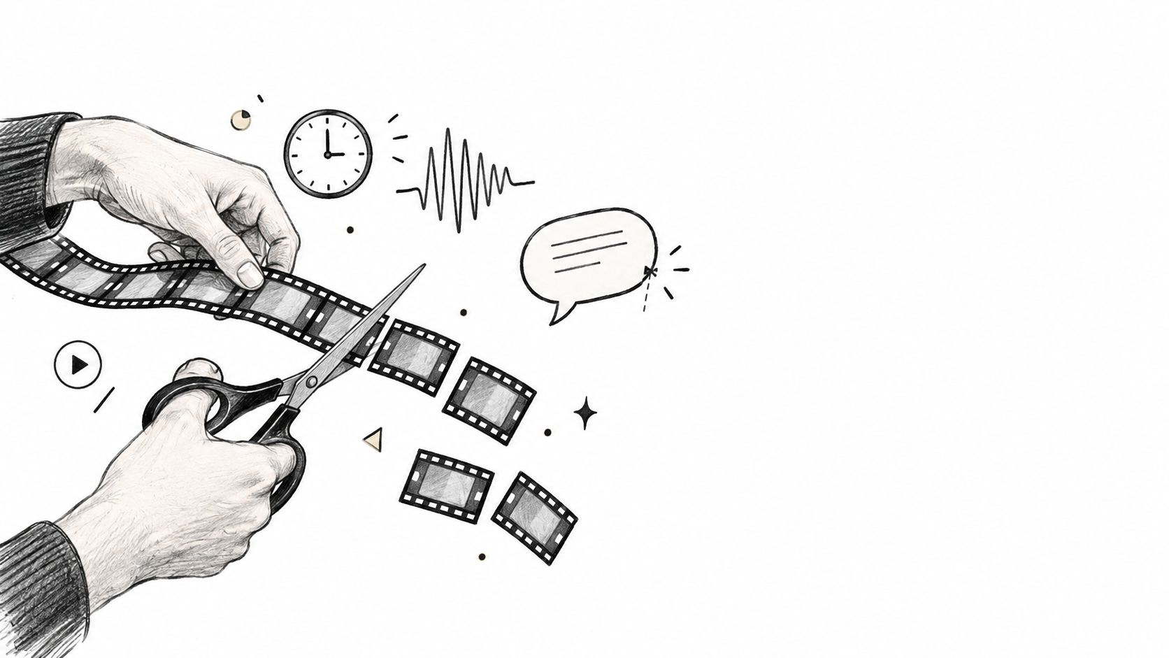 A hand-drawn illustration showing a person using scissors to cut a strip of film into smaller pieces.