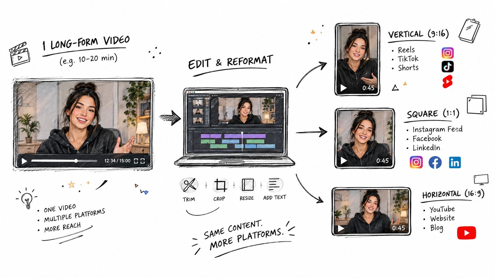 A diagram illustrating the process of repurposing one long-form video into multiple formats for various social media platforms.