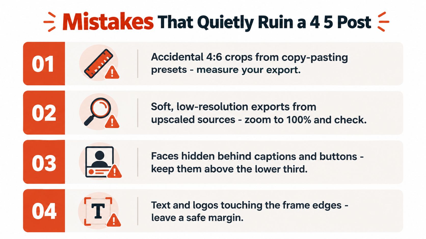 A list graphic titled Mistakes That Quietly Ruin a 4:5 Post, featuring four tips for social media formatting.