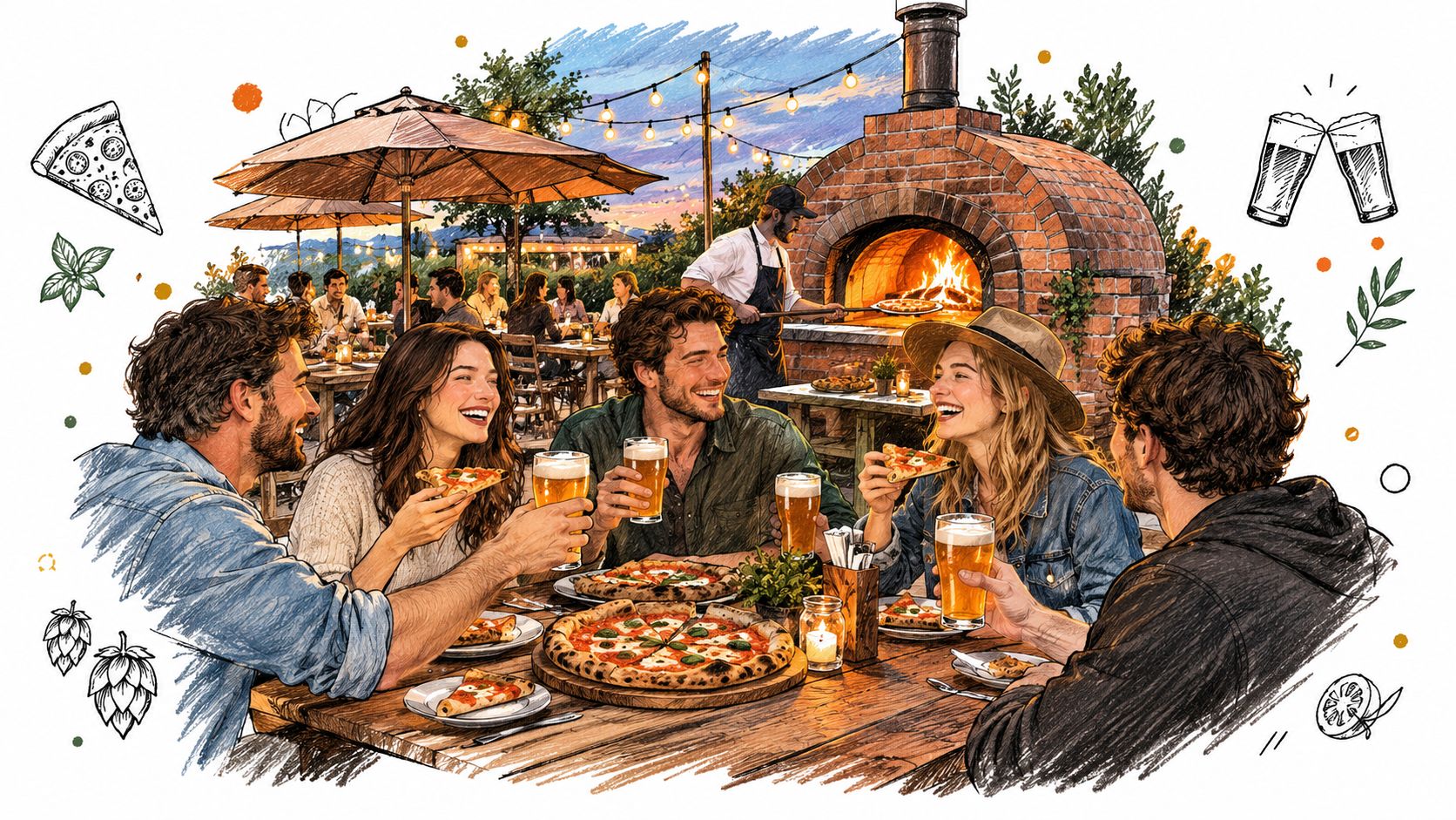 A group of friends enjoy pizza and beer at an outdoor restaurant with a wood-fired oven.