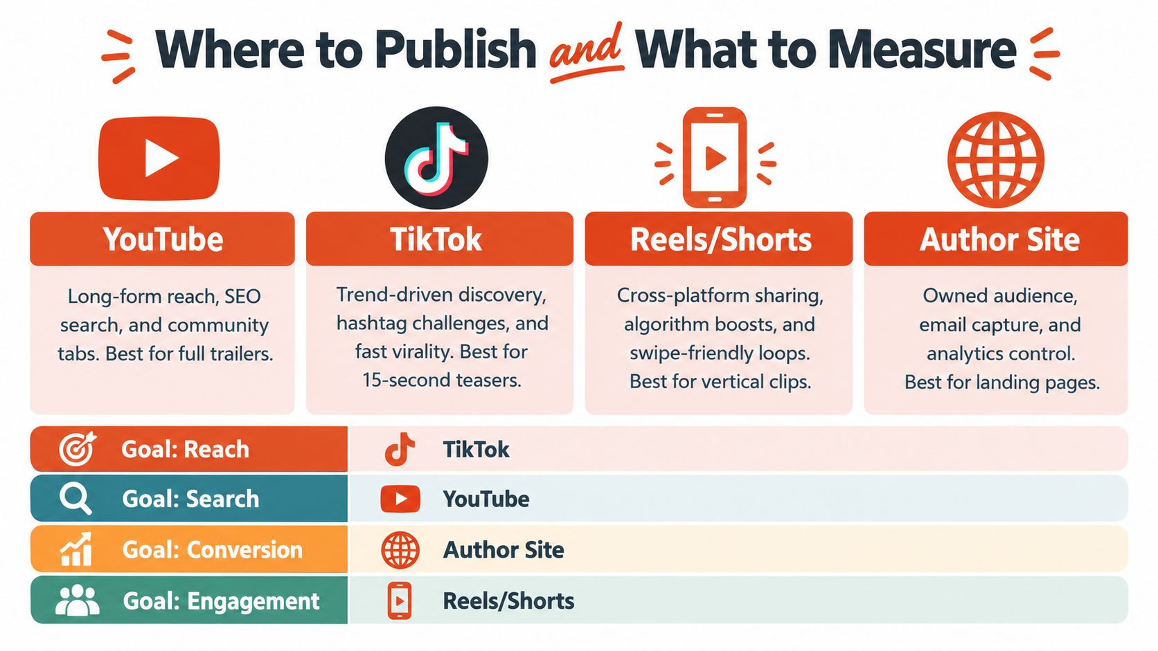 An infographic showing platforms for publishing book trailers, including YouTube, TikTok, Reels, and an author website.