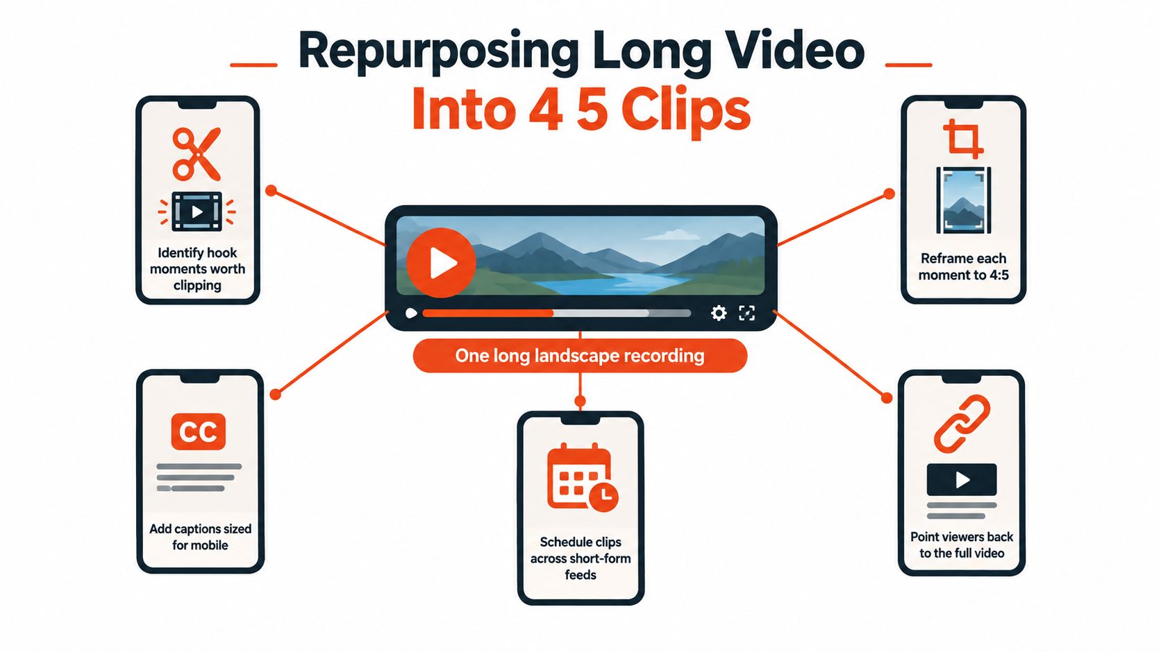 An infographic illustrating the workflow for repurposing long landscape videos into vertical 4:5 social media clips.