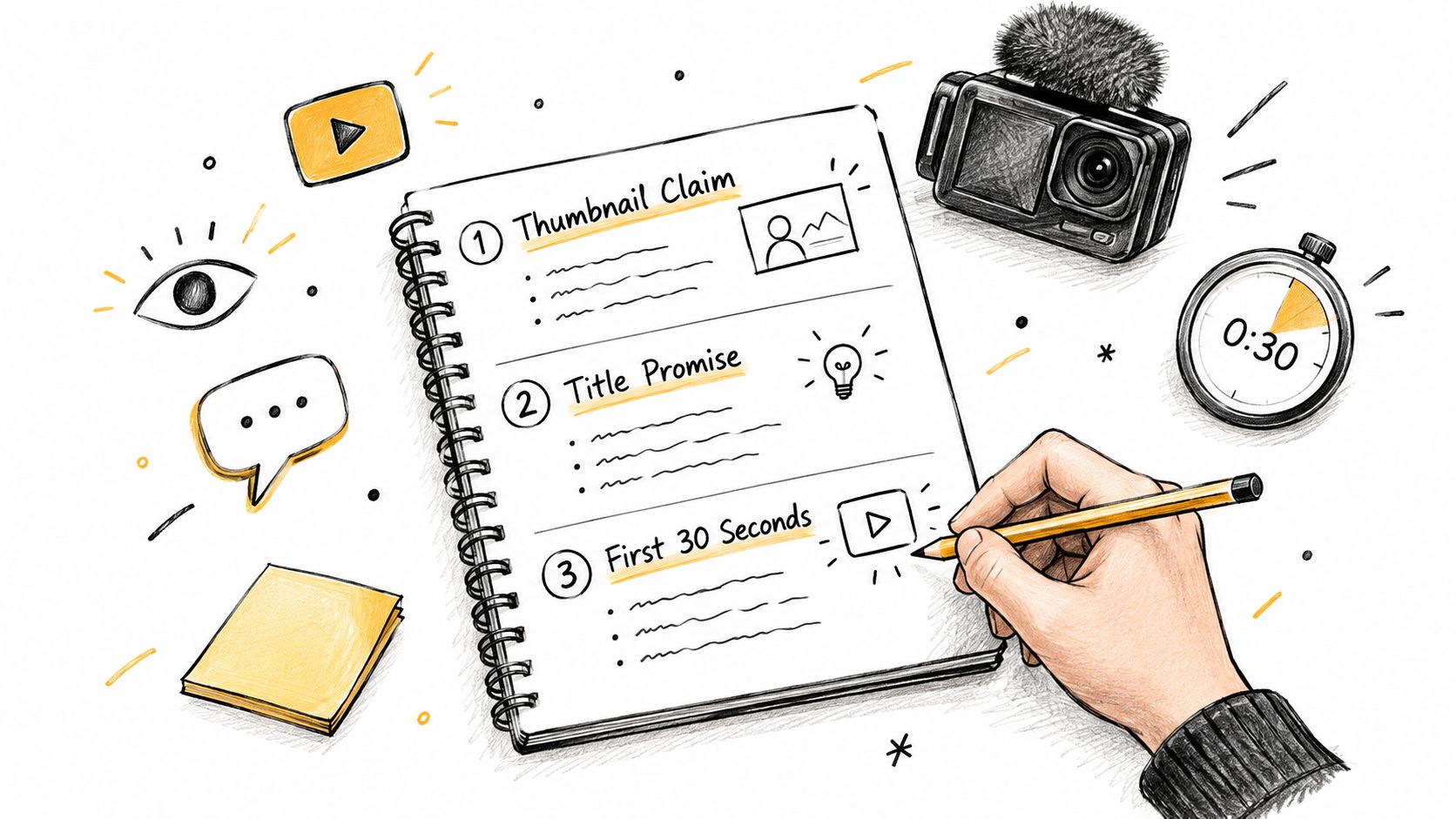 A hand drawing a video content strategy in a spiral notebook, illustrating YouTube viral video success steps.