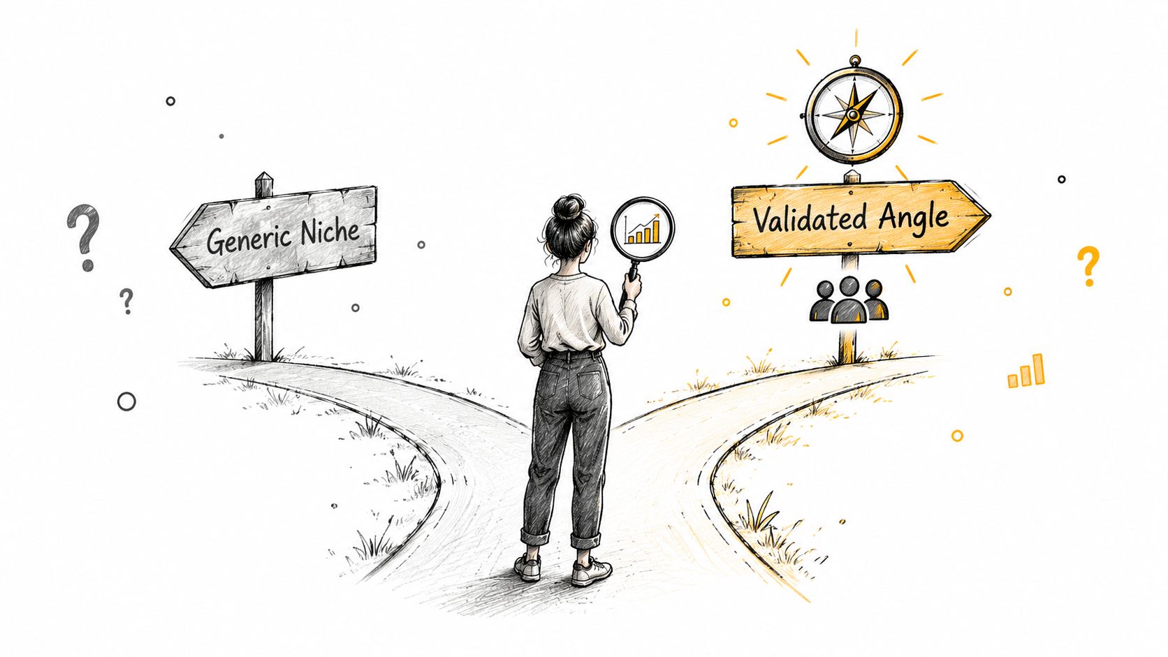 A person standing at a crossroads choosing between a Generic Niche path and a Validated Angle path.