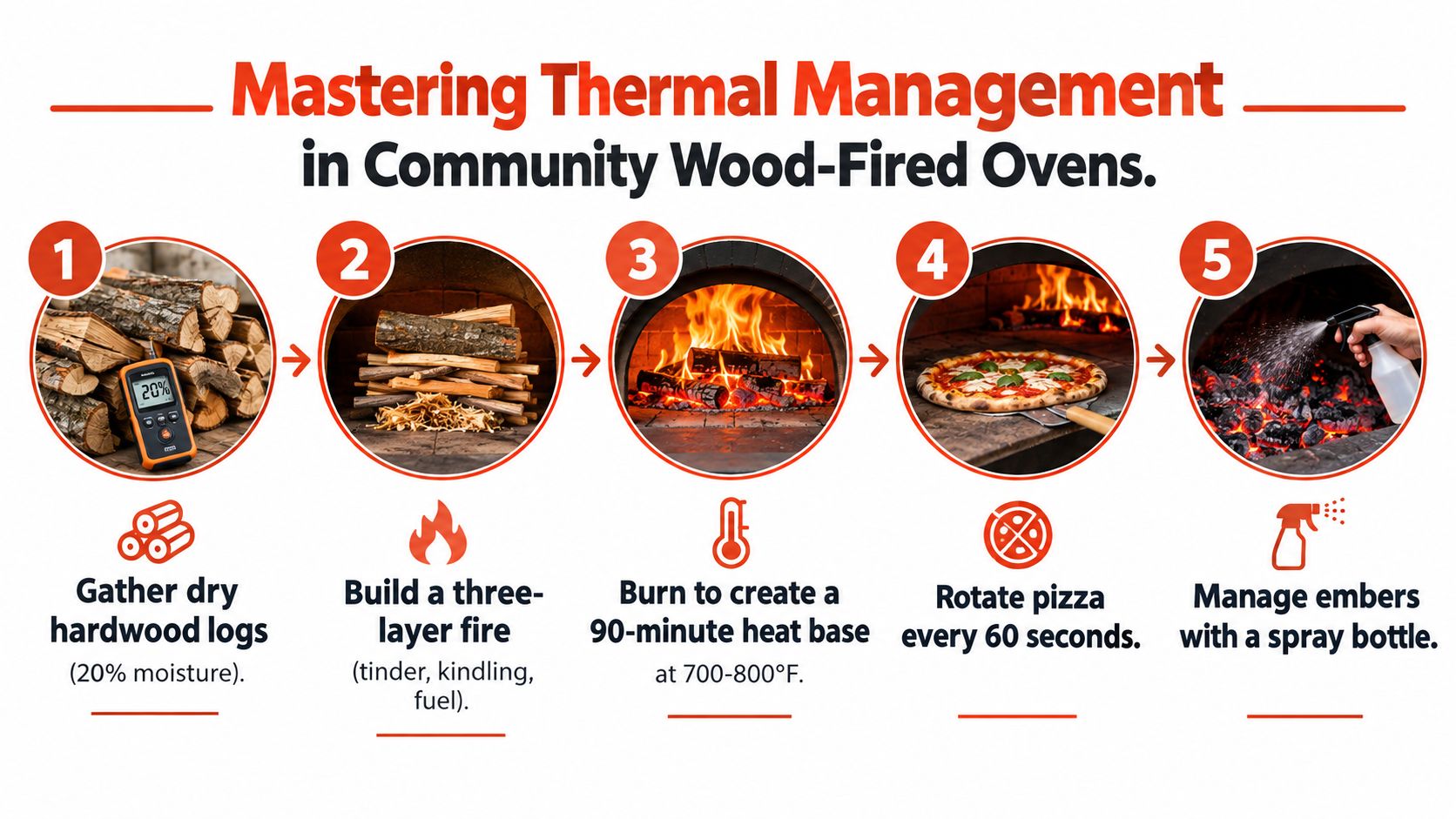 A step-by-step infographic showing how to manage thermal temperatures in a community wood-fired pizza oven.