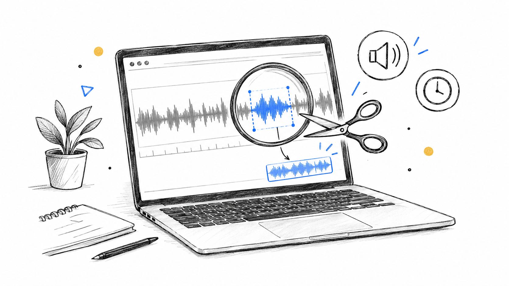 A digital illustration showing a laptop screen with audio waveforms, scissors, and sound editing symbols representing repurposing content.