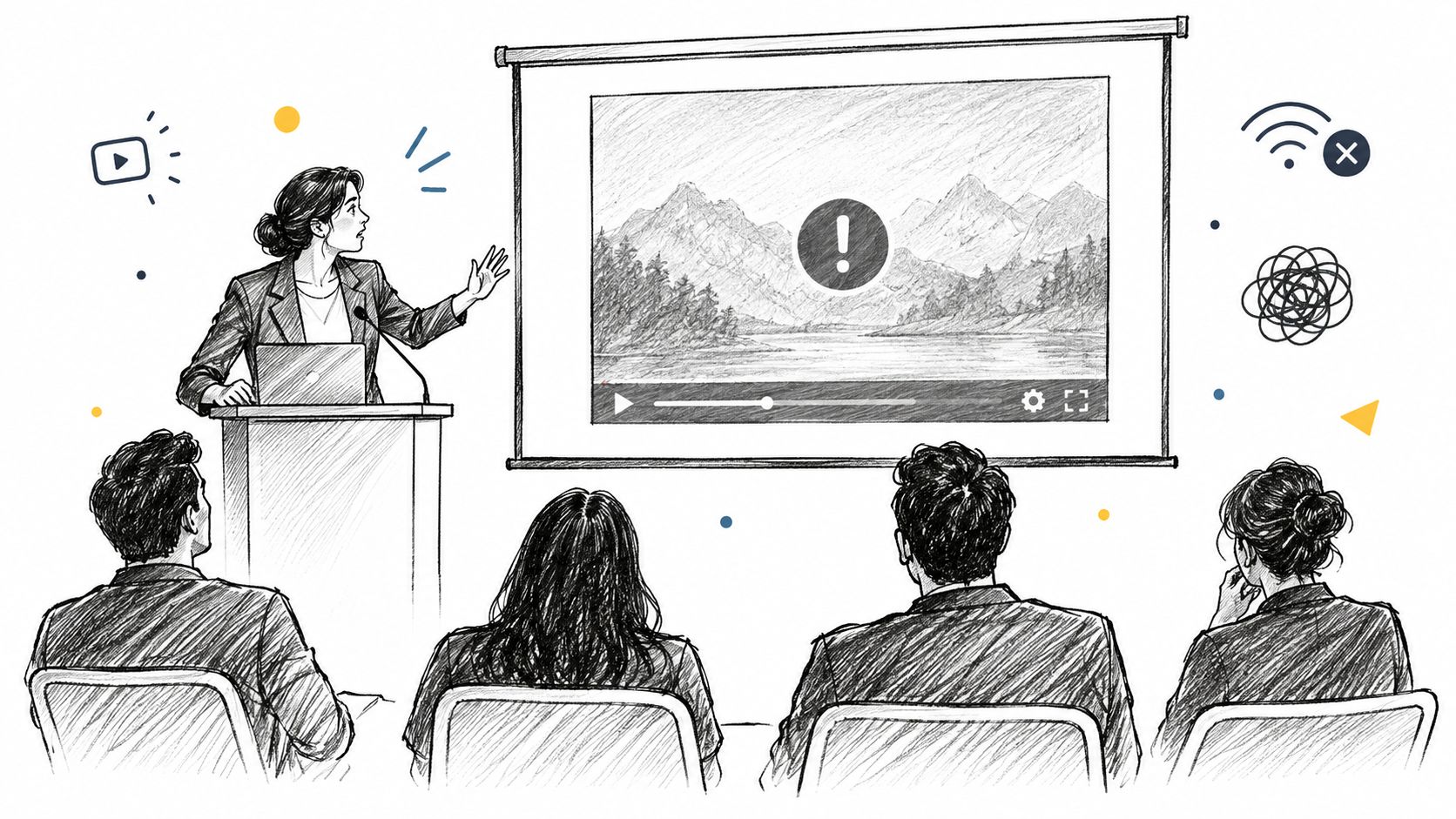 A professional presenter standing at a podium while a video fails to play on the large screen.