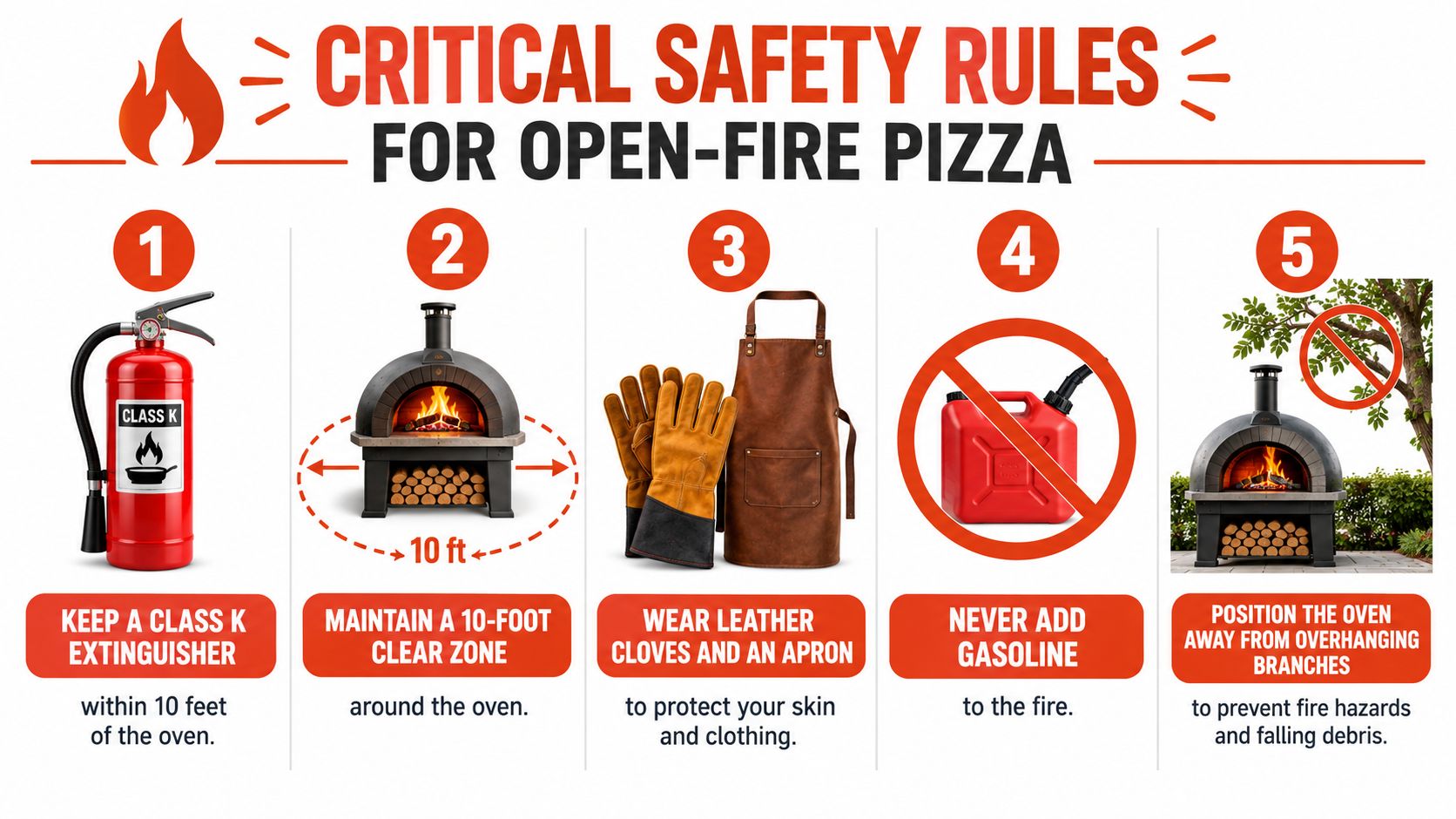 A safety infographic illustrating five essential rules for operating an open-fire pizza oven safely.