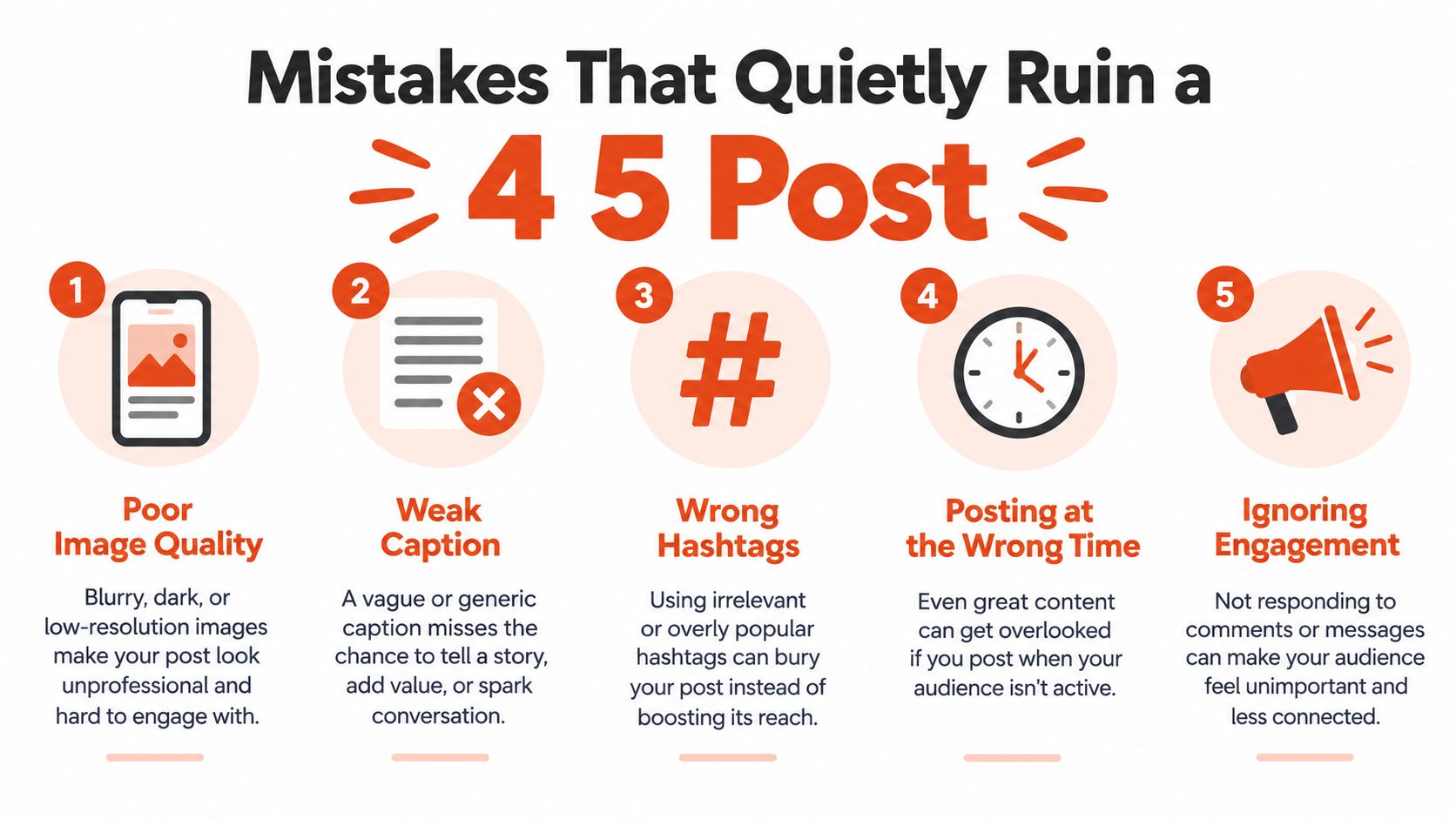 An infographic detailing five social media mistakes that can negatively impact the reach of your posts.