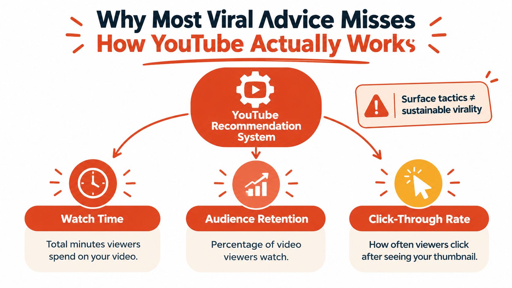A diagram explaining that YouTube's recommendation system focuses on watch time, audience retention, and click-through rate.