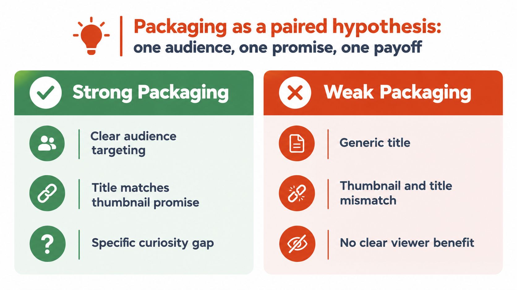 A comparison chart showing strong versus weak YouTube packaging strategies with tips for audience, promise, and payoff.