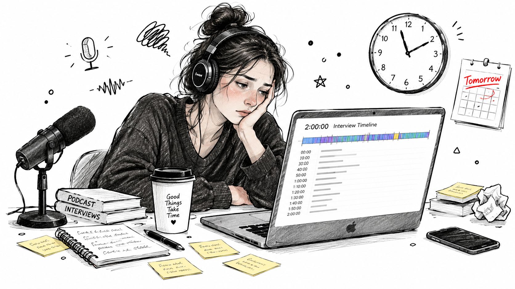 A tired woman wearing headphones editing a long podcast interview on a laptop, feeling exhausted and overwhelmed.
