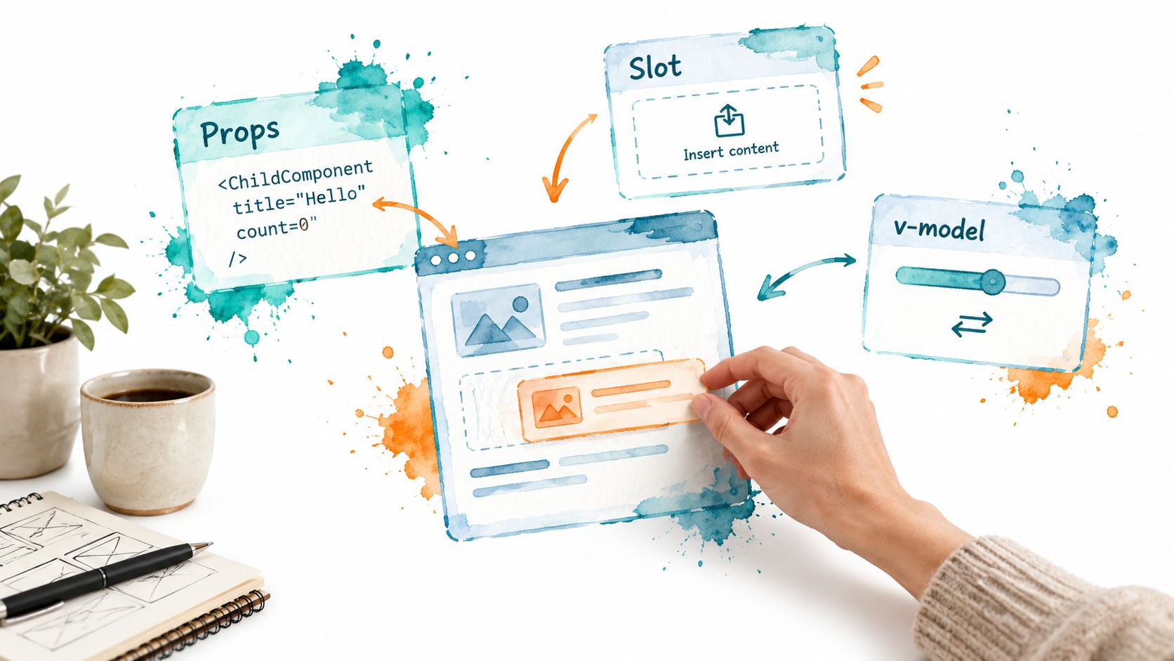 A creative illustration demonstrating Vue.js component concepts like Props, Slots, and v-model on a workspace.