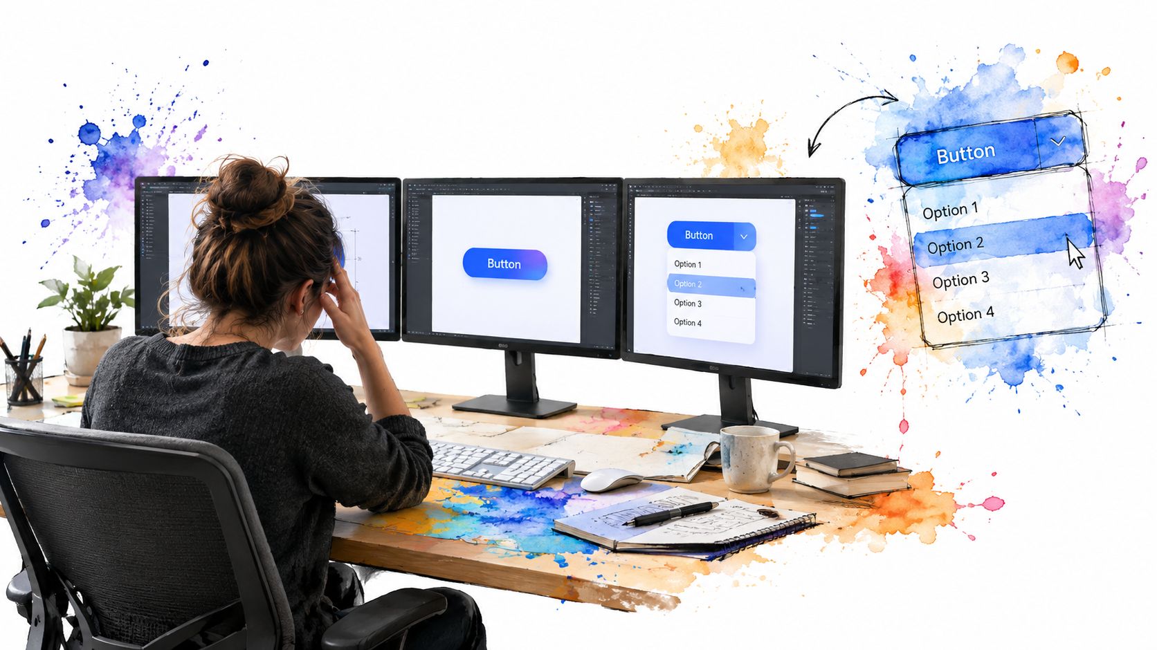 A designer works at a desk with three monitors displaying UI design elements and digital system components.