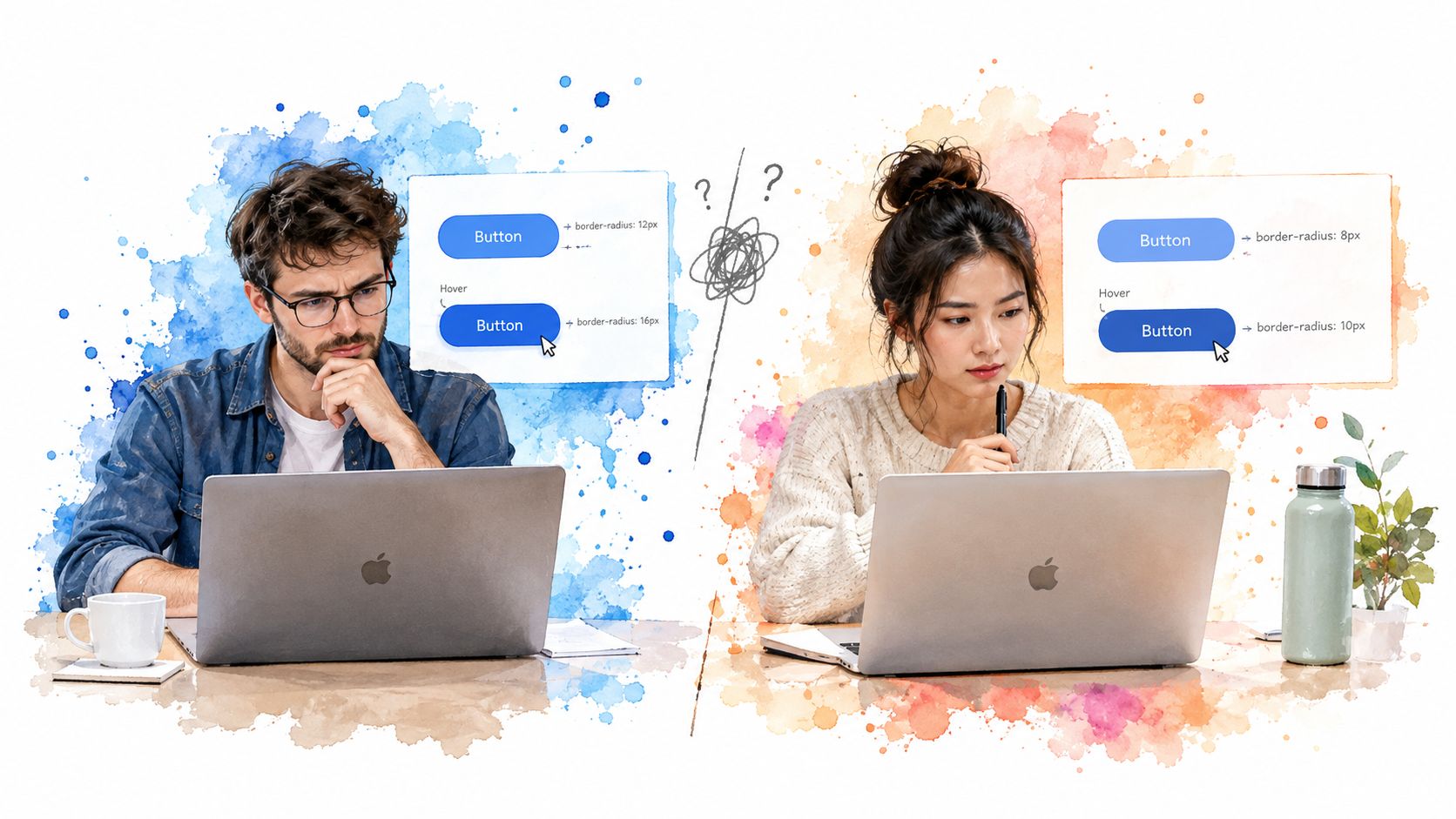 A man and a woman comparing button design specifications on laptops with digital design system annotations.