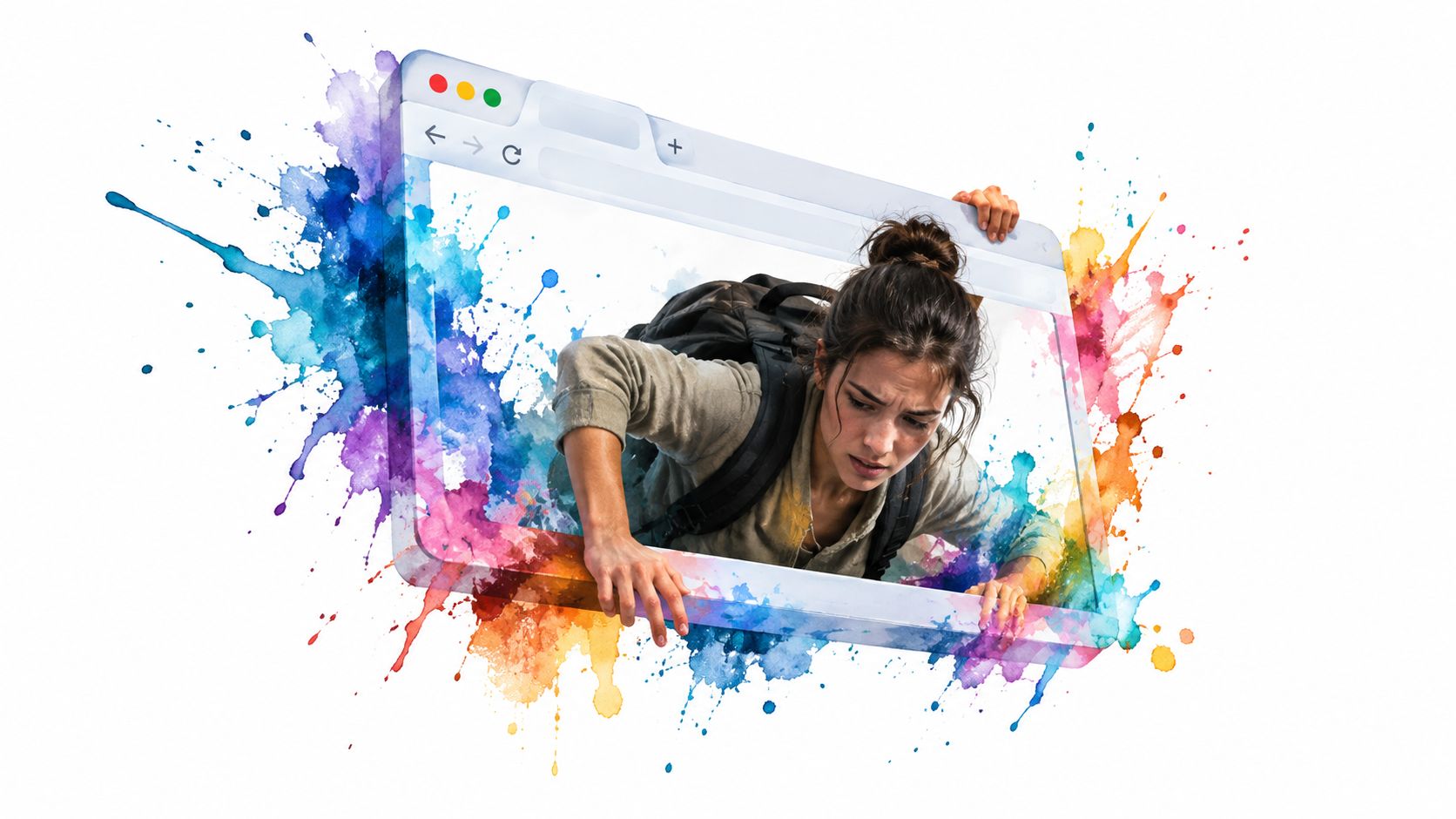 A young woman with a backpack climbing out of a digital web browser window surrounded by colorful splashes.