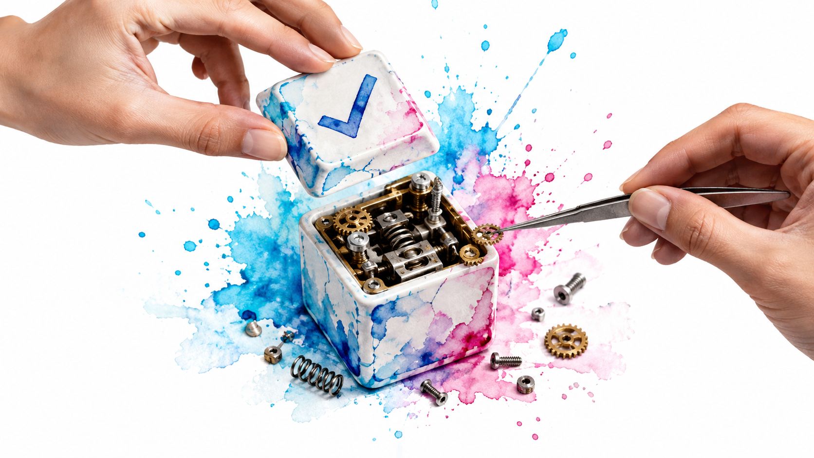 A person assembling a miniature clockwork mechanism inside a box with a checkmark lid design.