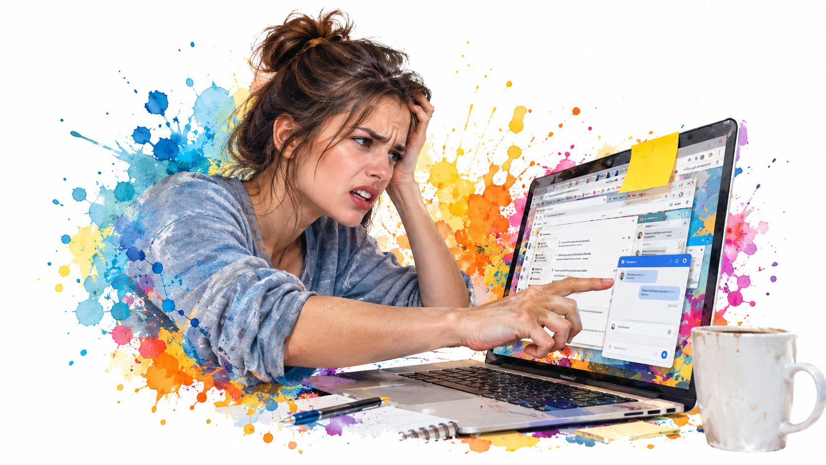 A stressed woman with a messy bun pointing at a laptop screen filled with multiple open windows.