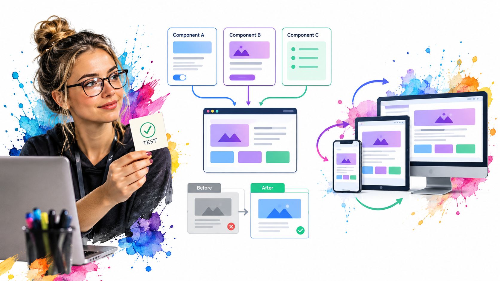 A woman holding a test card with a digital design process demonstrating website component testing and optimization.