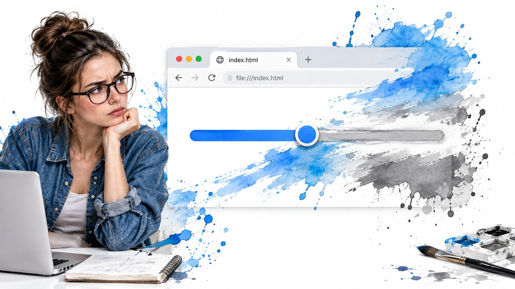 A woman thinking while working on a laptop with a graphic slider control interface displayed.
